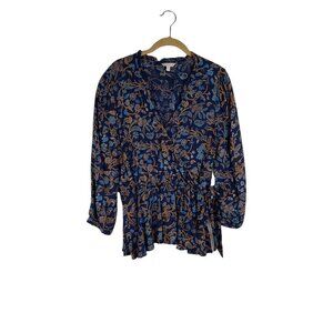 Lucky Brand Blouse Blue Floral Faux Crossover Tie Waist Peplum Size Medium